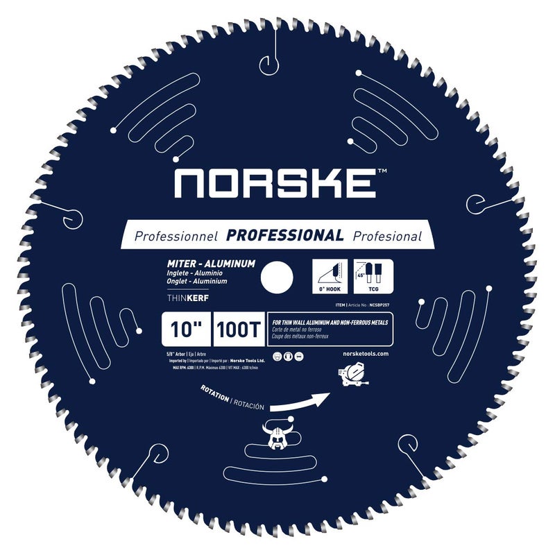 Norske نورسكي تولز NCSBP257 شفرة منشار ميتري من الألمنيوم 10 بوصة 100T ثلاثي الشريحة للمعادن غير الحديدية (الألمنيوم، النحاس الأصفر، النحاس والبلاستيك) 5/8 بوصة - Image 1